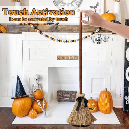 Animated Floating Witch Broom Halloween Prop | Touch & Sound Activated Levitating Tabletop Decor
