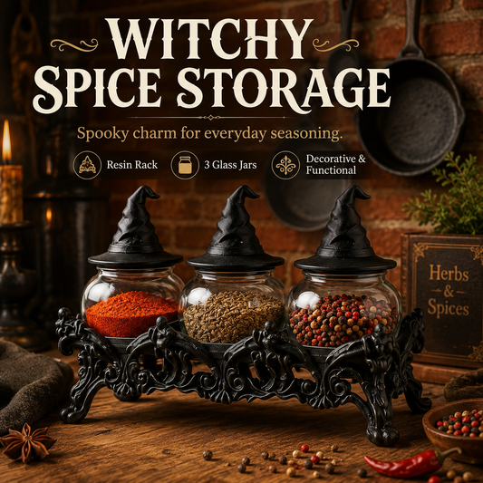 🧙‍♀️Witch-Hat Gothic Spice Jar Set — Ornate Resin Rack + 3 Glass Jars