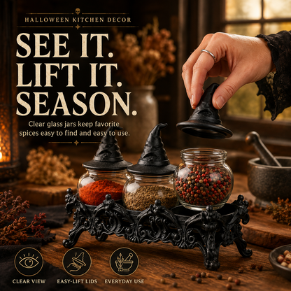 🧙‍♀️Witch-Hat Gothic Spice Jar Set — Ornate Resin Rack + 3 Glass Jars