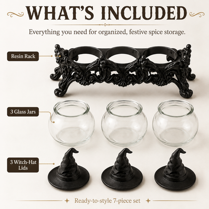 🧙‍♀️Witch-Hat Gothic Spice Jar Set — Ornate Resin Rack + 3 Glass Jars