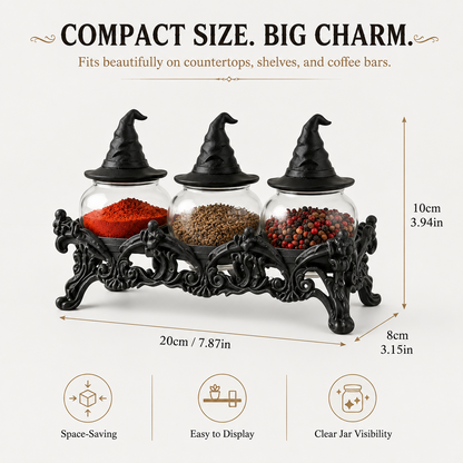 🧙‍♀️Witch-Hat Gothic Spice Jar Set — Ornate Resin Rack + 3 Glass Jars