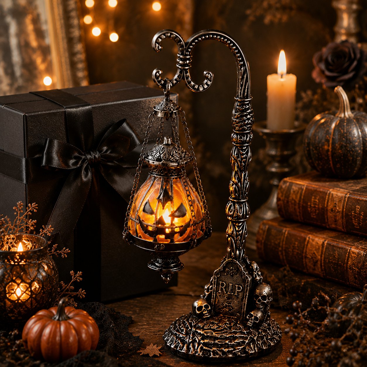 💥🏆 Gothic Pumpkin Lantern Stand | Warm Orange LED Glow, Victorian Skull Details & Haunted Shelf Decor 🕯️