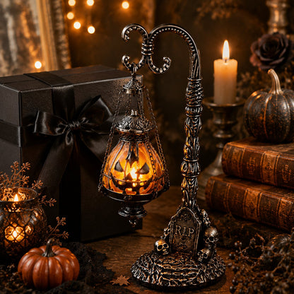💥🏆 Gothic Pumpkin Lantern Stand | Warm Orange LED Glow, Victorian Skull Details & Haunted Shelf Decor 🕯️