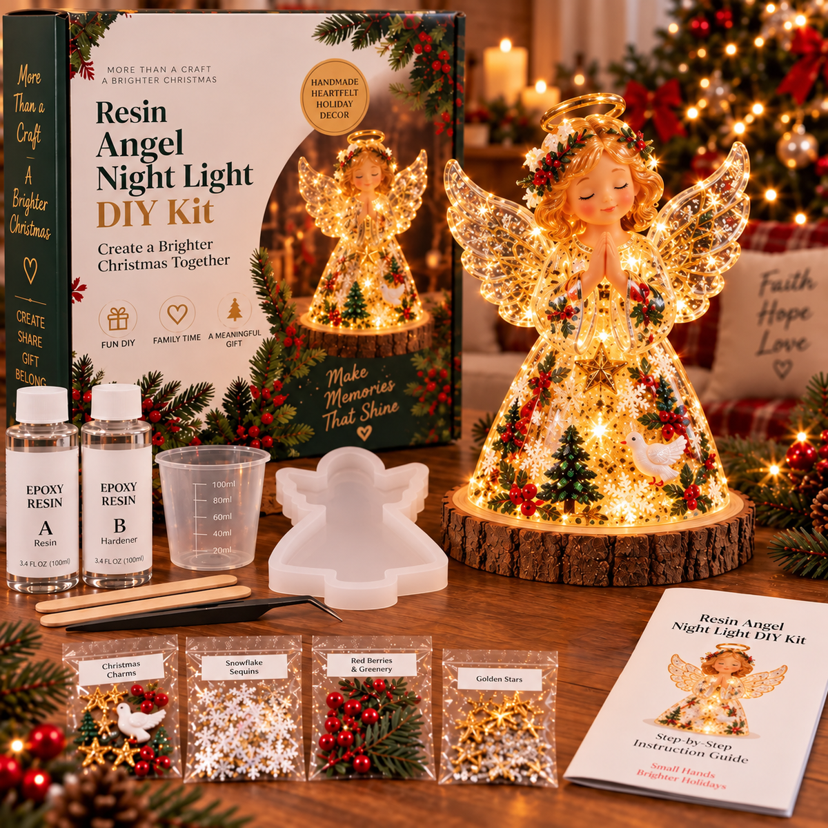 ⏳ Last Day 49% OFF – 🎄Beginner-Friendly Resin Christmas Tree Night Light DIY Kit | Mold, Resin, Fairy Lights & Festive Decorations Included ✨
