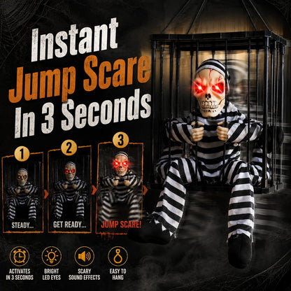 💀 Motion Activated Prisoner Skeleton Halloween Prop – Screaming Jump Scare Decoration With Flashing Red Eyes