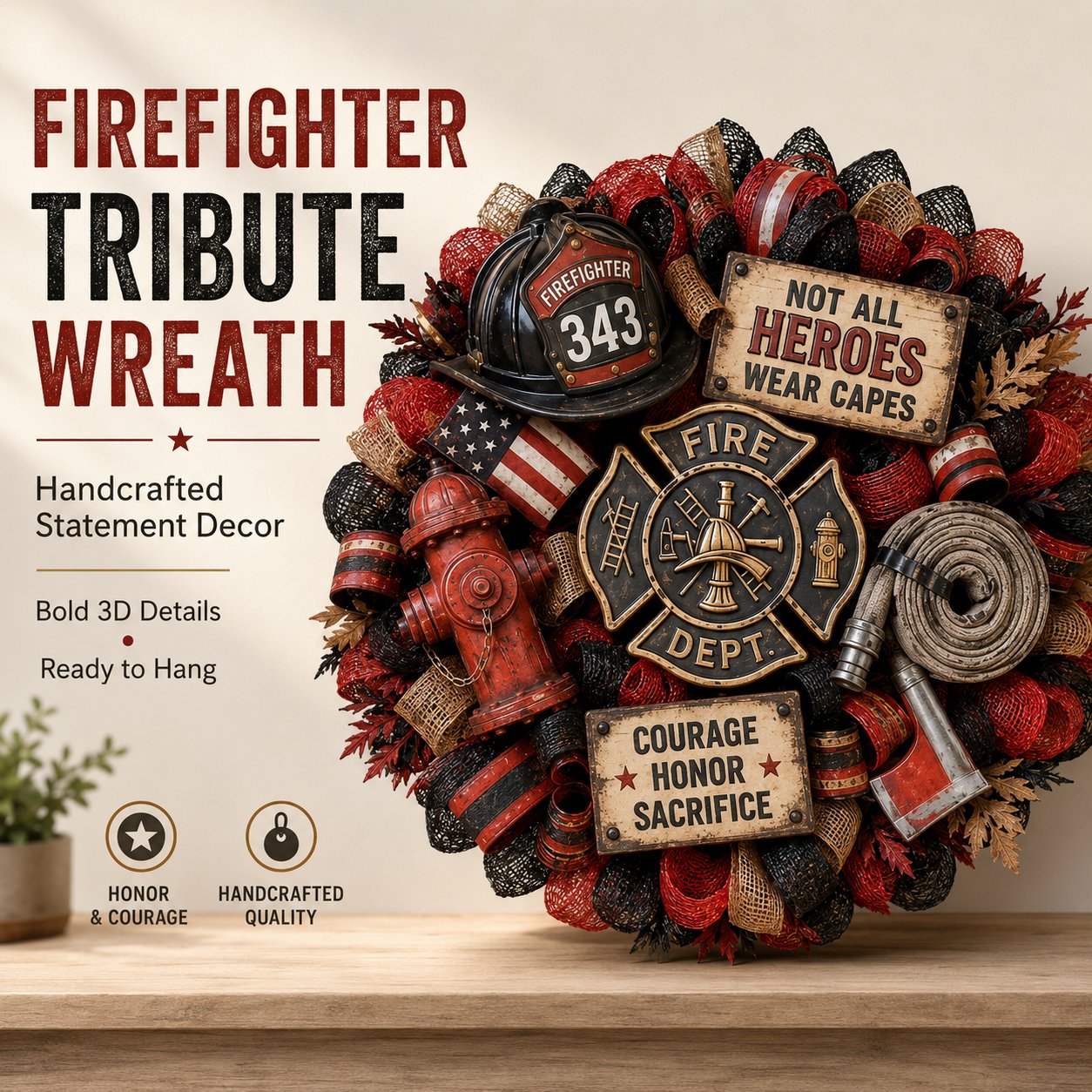 🔥 Honor the Brave — Handcrafted Firefighter Tribute Wreath 🚒❤️