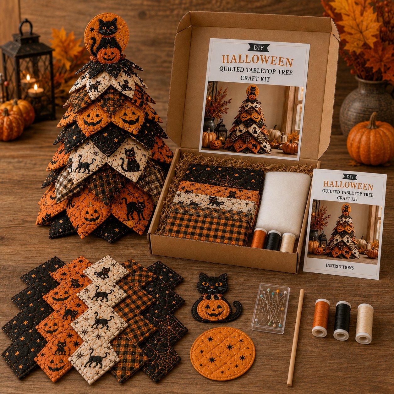🎃✨ Lighted Halloween Quilted Fabric Tree – Cozy Handmade Glow Decoration