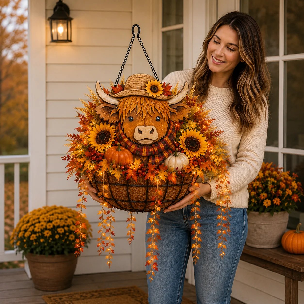 🐮🎃 Highland Cow Fall Hanging Basket with Warm LED Lights – Rustic Autumn Porch Decor & Farmhouse Welcome Accent