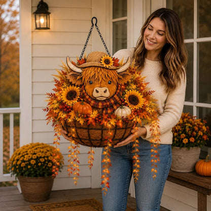 🐮🎃 Highland Cow Fall Hanging Basket with Warm LED Lights – Rustic Autumn Porch Decor & Farmhouse Welcome Accent