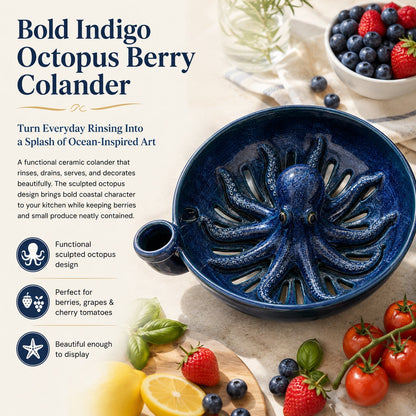 🐙🌊Bold Indigo Octopus Berry Colander