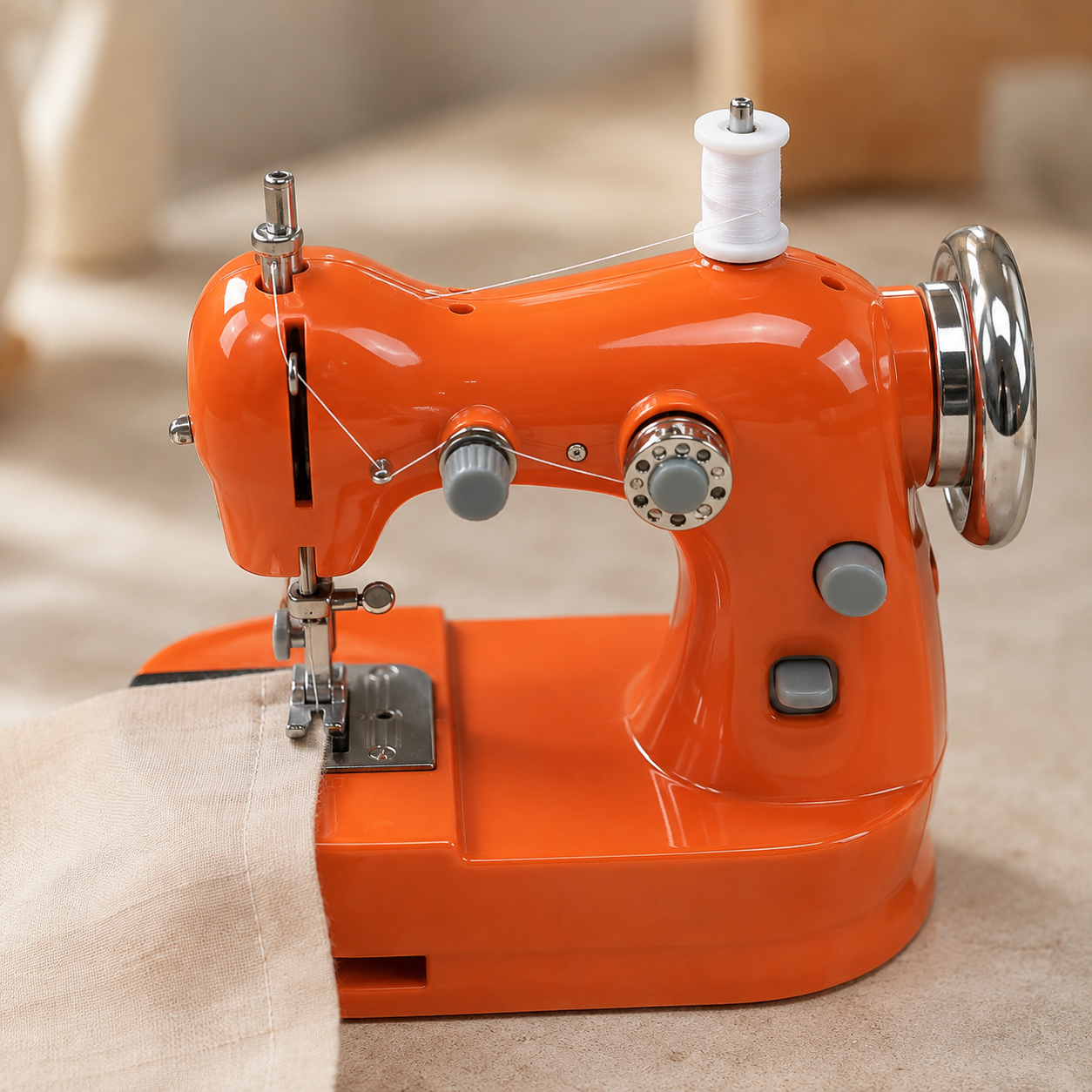 Mini sewing machine close-up in use