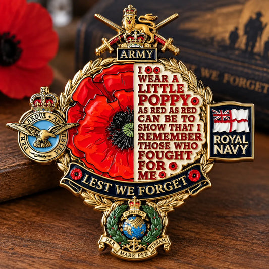 🌺 British Armed Forces “Lest We Forget” Remembrance Poppy Badge | 3.5-Inch 3D Metal Tribute with Army, Navy, RAF & Royal Marines-Inspired Details 🎖️
