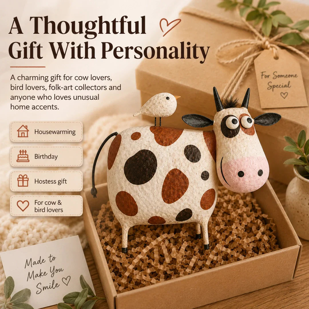 Whimsical Cow & Bird Folk Art Figurine – Rustic Farmhouse Tabletop Decor Gift