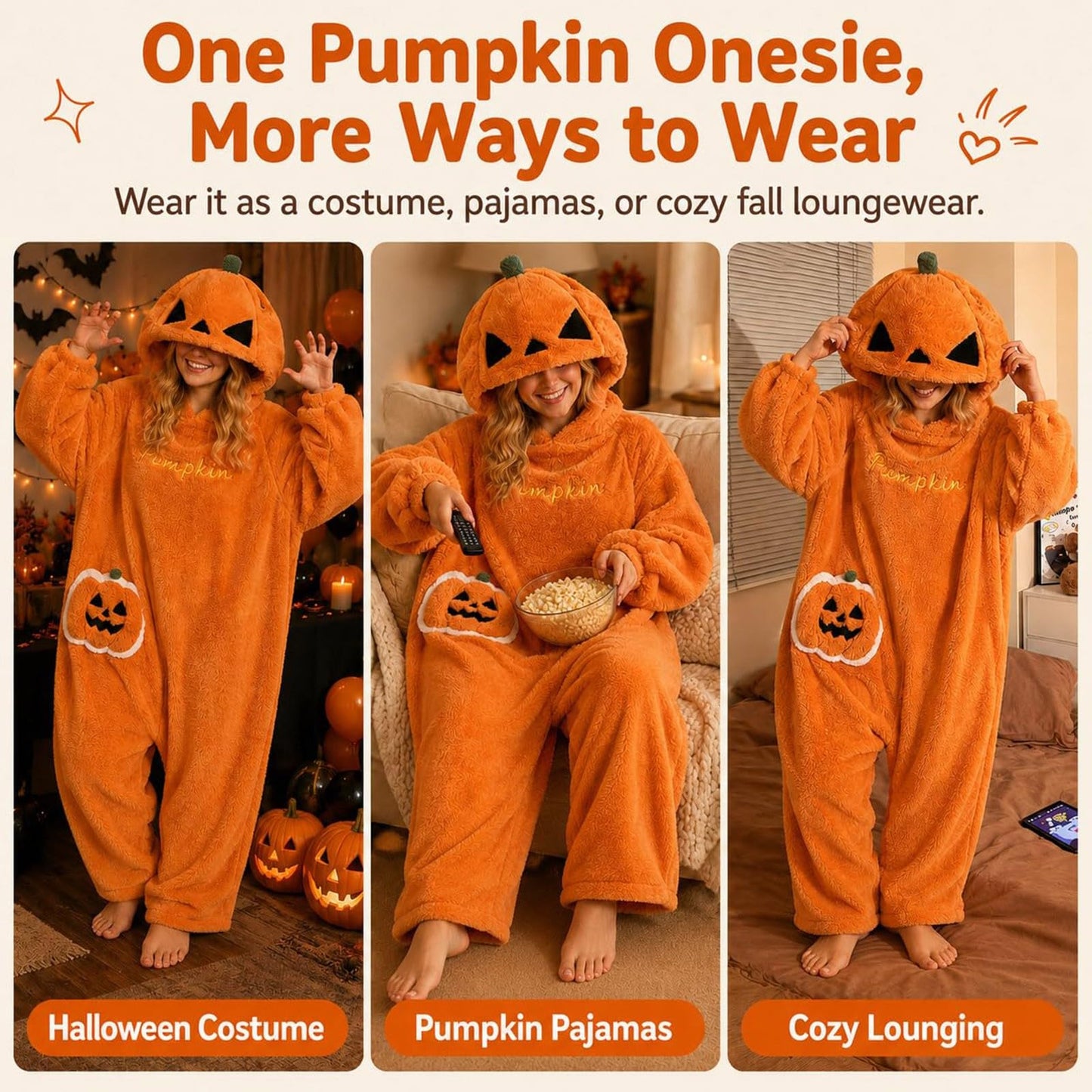 Halloween Pumpkin Onesie Pajamas - Cozy Fleece Jack-O-Lantern Costume