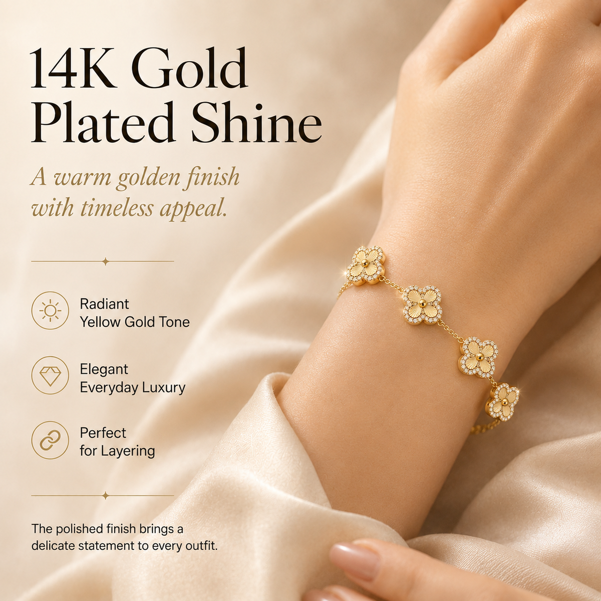 24K Gold-Plated Four-Leaf Clover Bracelet – Lucky Charm Jewelry for Women