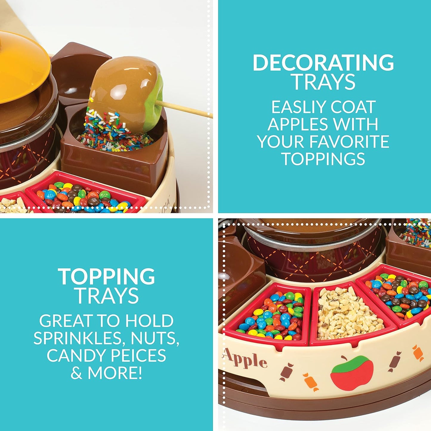 🍫Nostalgia Lazy Susan Chocolate & Caramel Apple Party with Heated Fondue Pot, 25 Sticks, Decorating and Toppings Trays