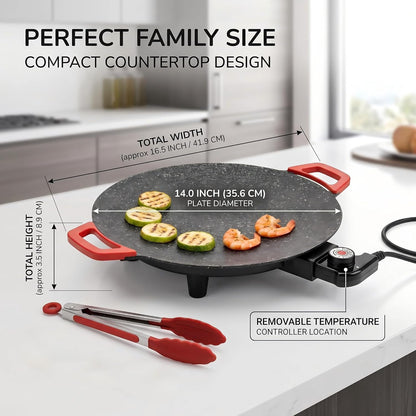 Electric Indoor Grill Nonstick, 14” Round Electric Griddle with Adjustable Temperature Control,for Pan Searing Steaks, Breakfast, BBQ & Family Meals, Bonus Spatula,Oil Brush & Food Tongs