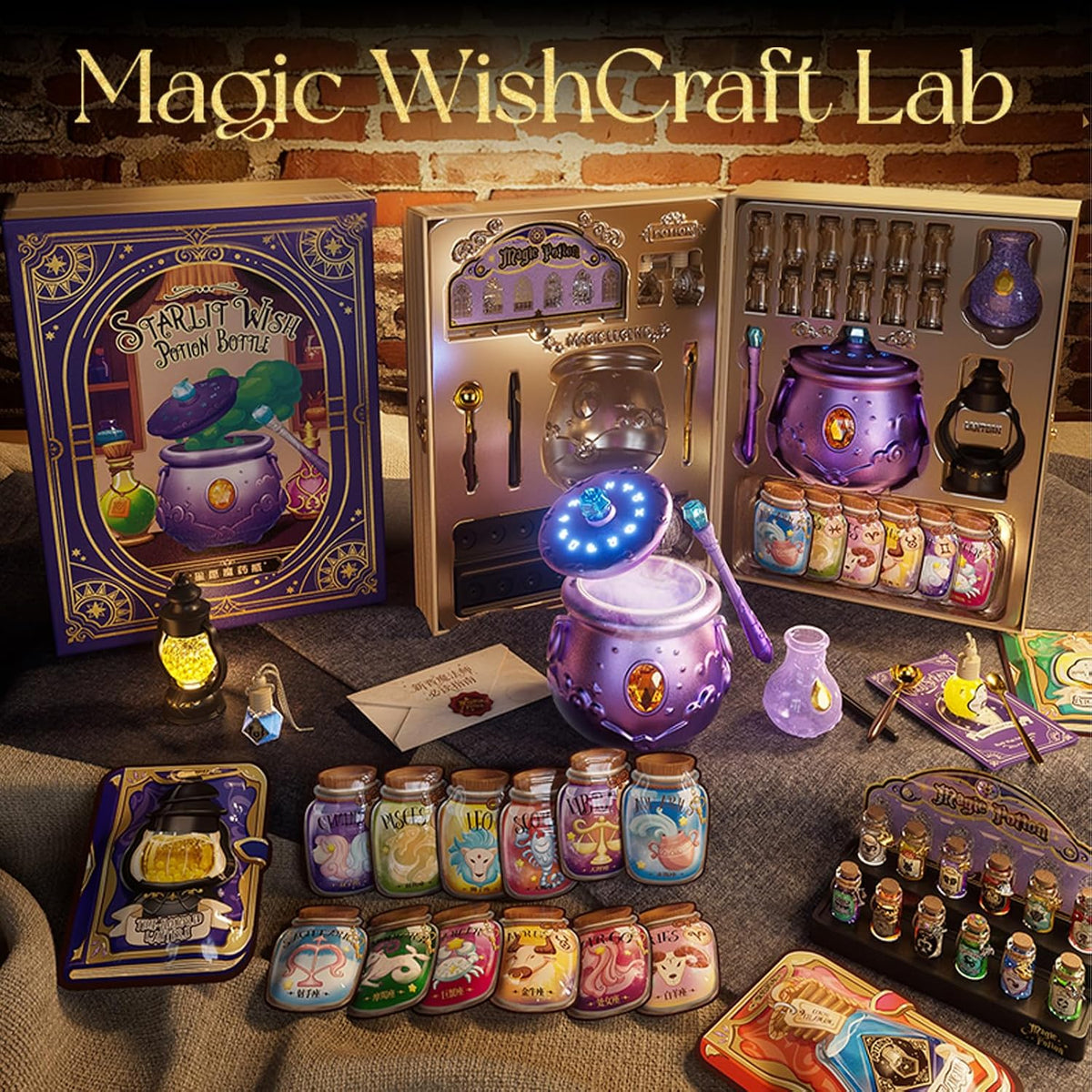 Complete magic potion craft kit with purple cauldron and accessories