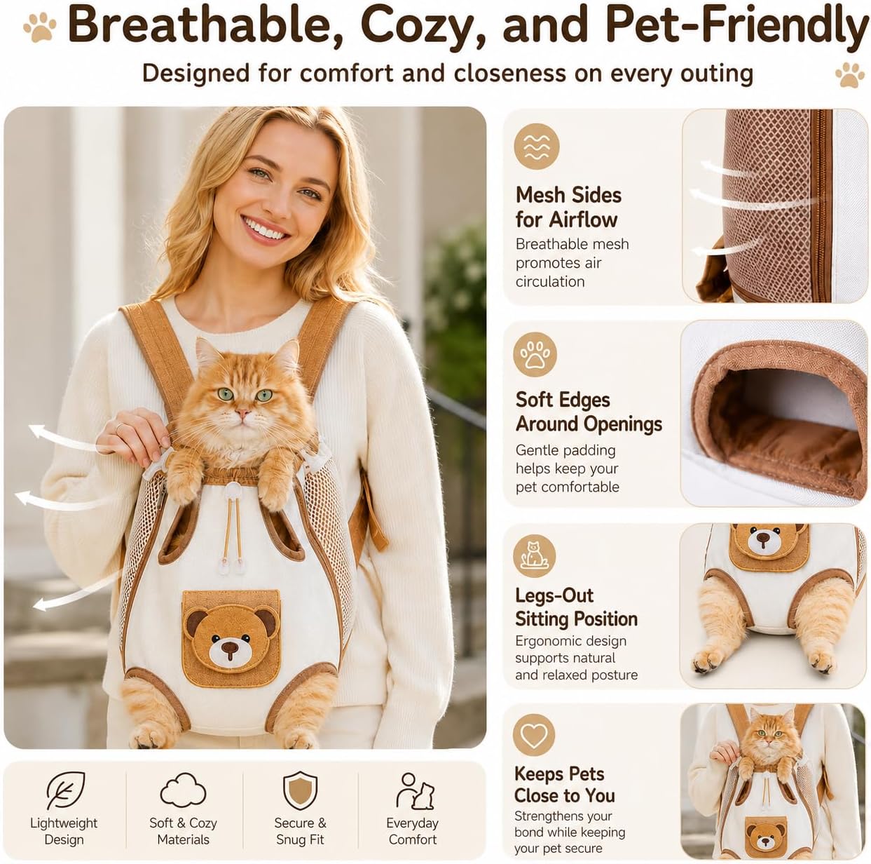 🎉Cute Bear Design Front Pet Carrier Backpack, Breathable Adjustable Hands-Free Travel Chest Bag for pets