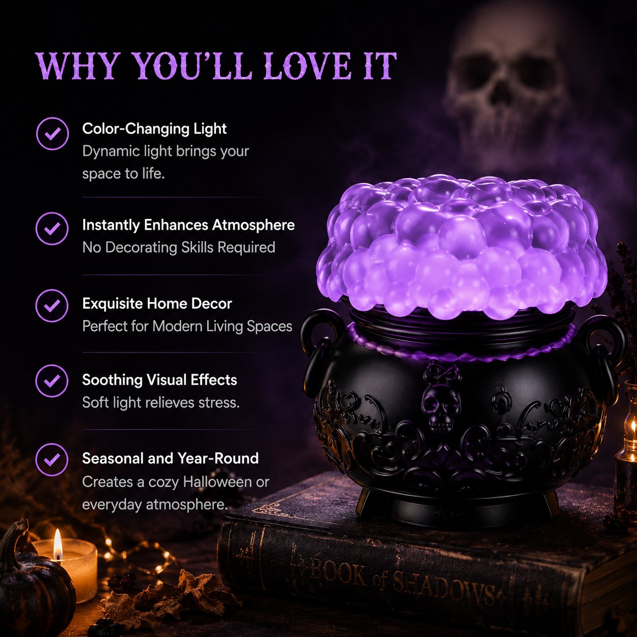 👻✨Light-up Color-changing Cauldron Waterglobe 3-Wick Candle Holder