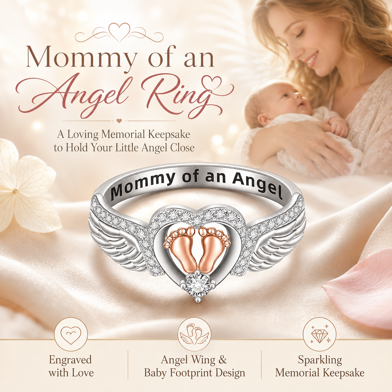 Mommy of an Angel Ring – Angel Wings & Baby Footprints Memorial Keepsake