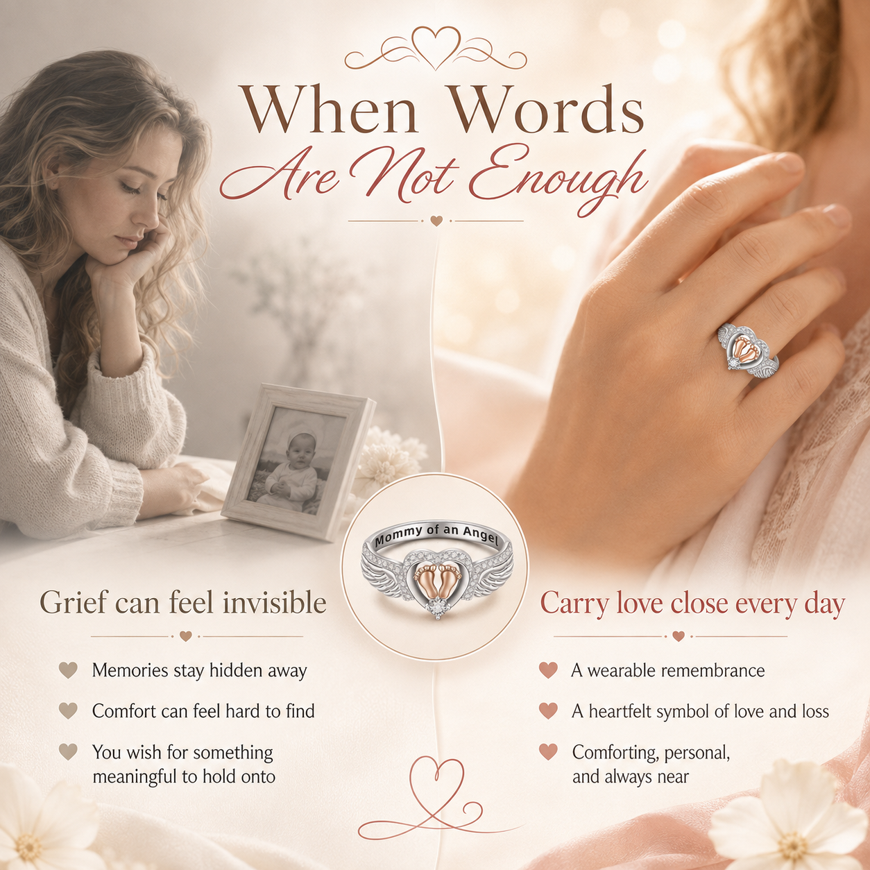 Mommy of an Angel Ring – Angel Wings & Baby Footprints Memorial Keepsake