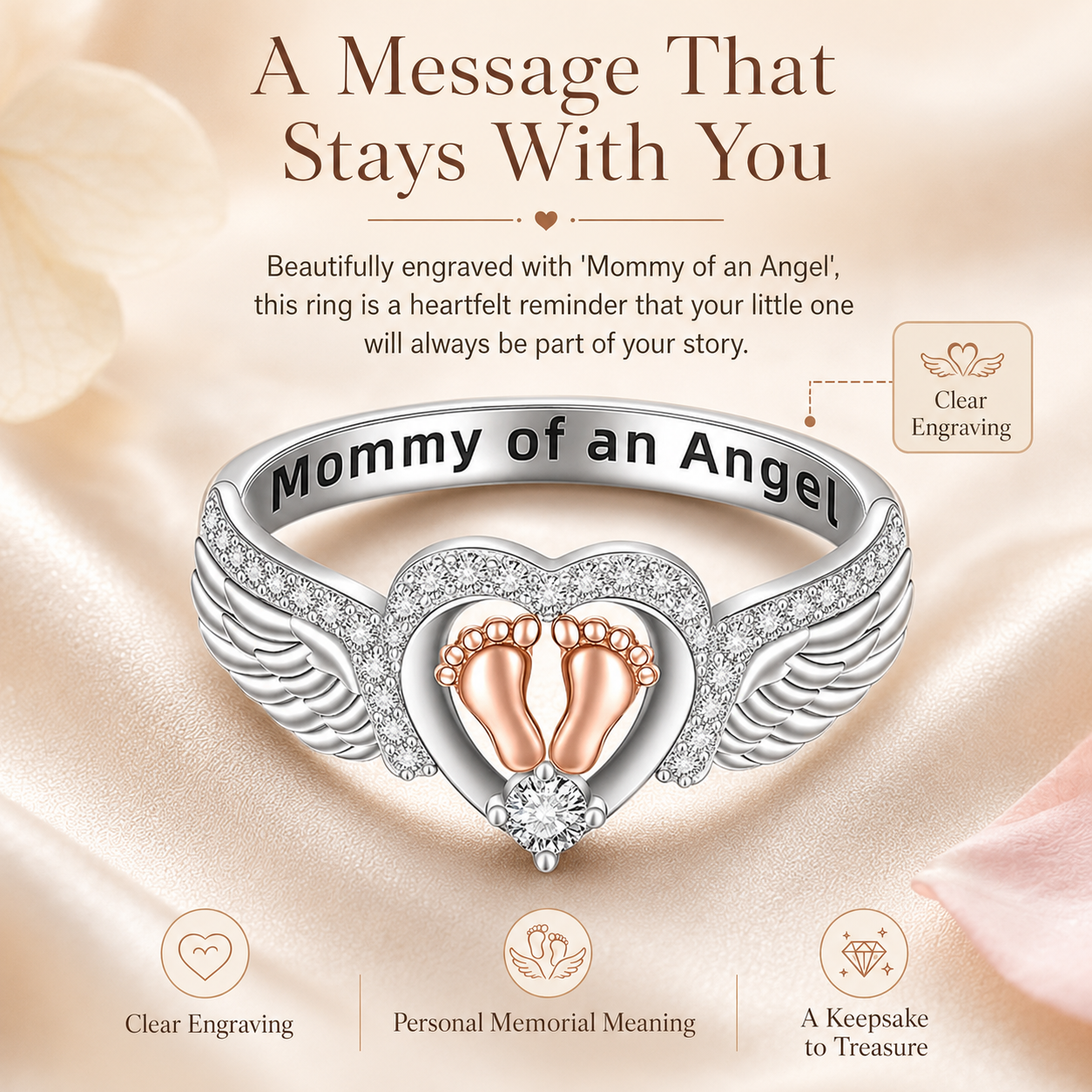 Mommy of an Angel Ring – Angel Wings & Baby Footprints Memorial Keepsake
