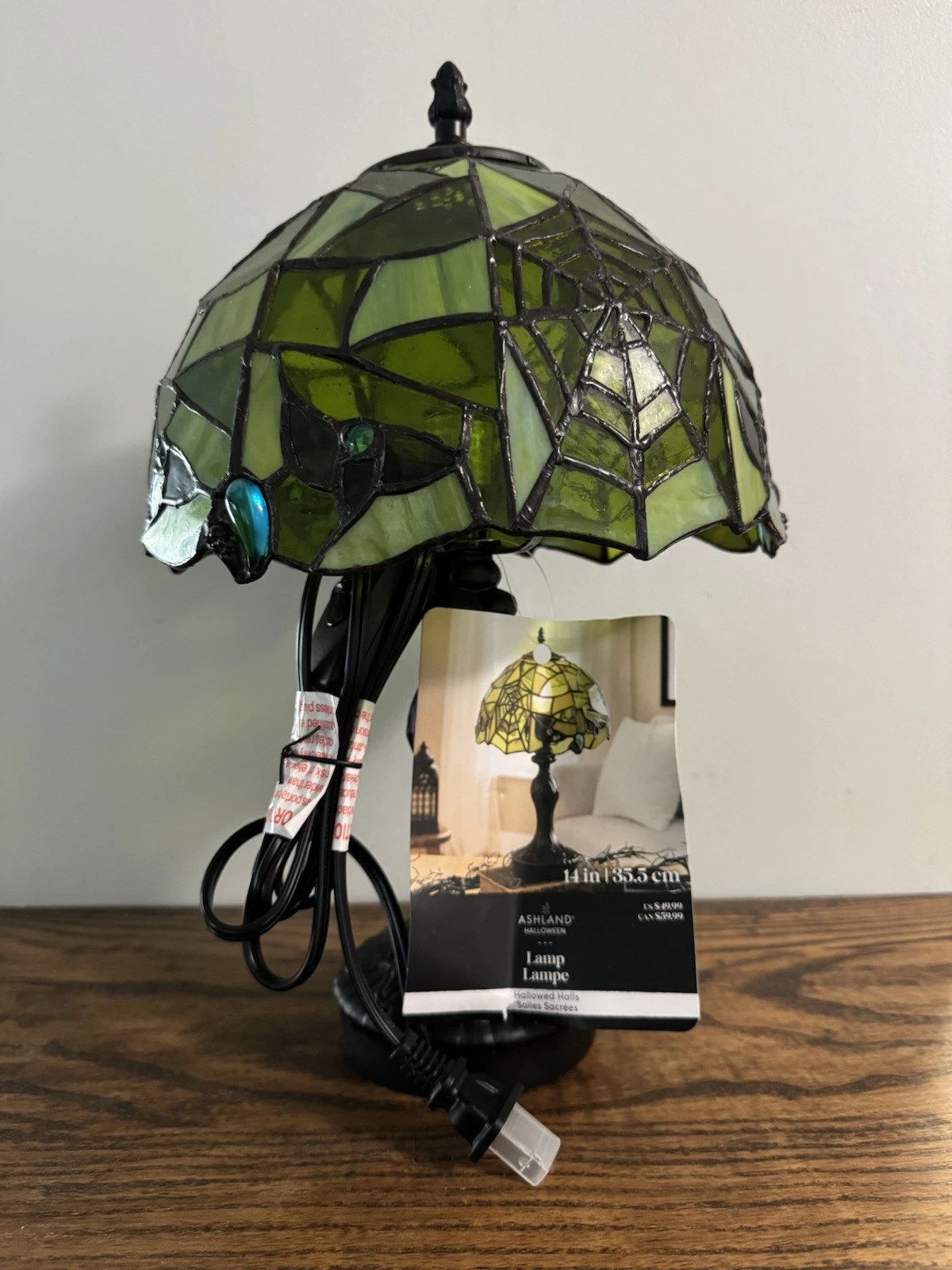 14" Stained Glass Spiderweb Table Lamp - Gothic Halloween Nightlight