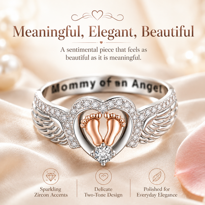 Mommy of an Angel Ring – Angel Wings & Baby Footprints Memorial Keepsake