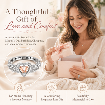Mommy of an Angel Ring – Angel Wings & Baby Footprints Memorial Keepsake