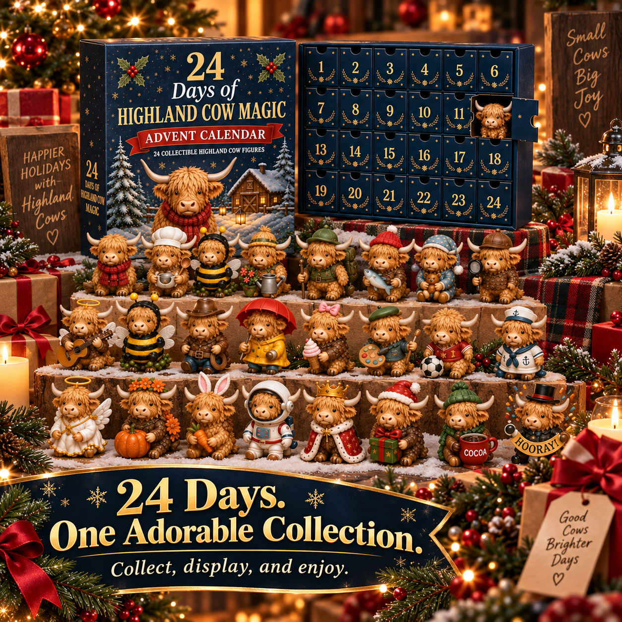 🐮 24 Days of Highland Cow Surprises Advent Calendar – Festive Miniature Herd Set 🎄