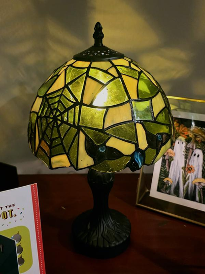 14" Stained Glass Spiderweb Table Lamp - Gothic Halloween Nightlight