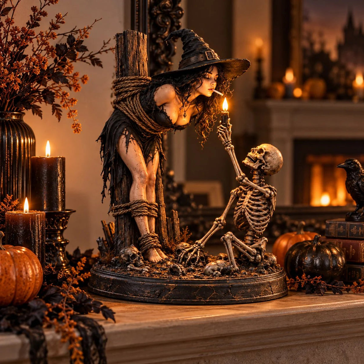 🧙💀Witch and Skeleton Candle Figure – Dark, Gothic Halloween Table Decoration🔥