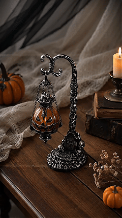 💥🏆 Gothic Pumpkin Lantern Stand | Warm Orange LED Glow, Victorian Skull Details & Haunted Shelf Decor 🕯️
