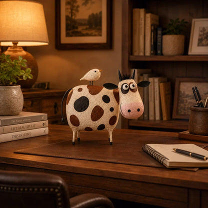 Whimsical Cow & Bird Folk Art Figurine – Rustic Farmhouse Tabletop Decor Gift