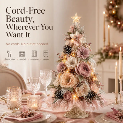 Blush Bloom Pre-Lit Floral Christmas Tree – Cord-Free Tabletop Décor