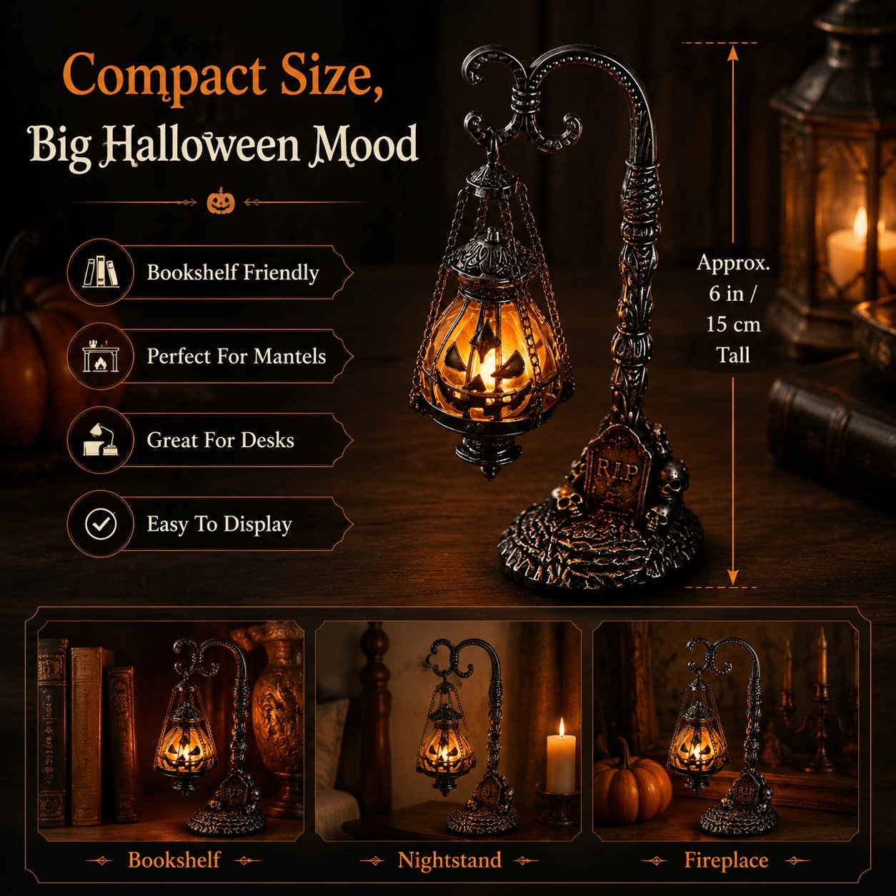 💥🏆 Gothic Pumpkin Lantern Stand | Warm Orange LED Glow, Victorian Skull Details & Haunted Shelf Decor 🕯️