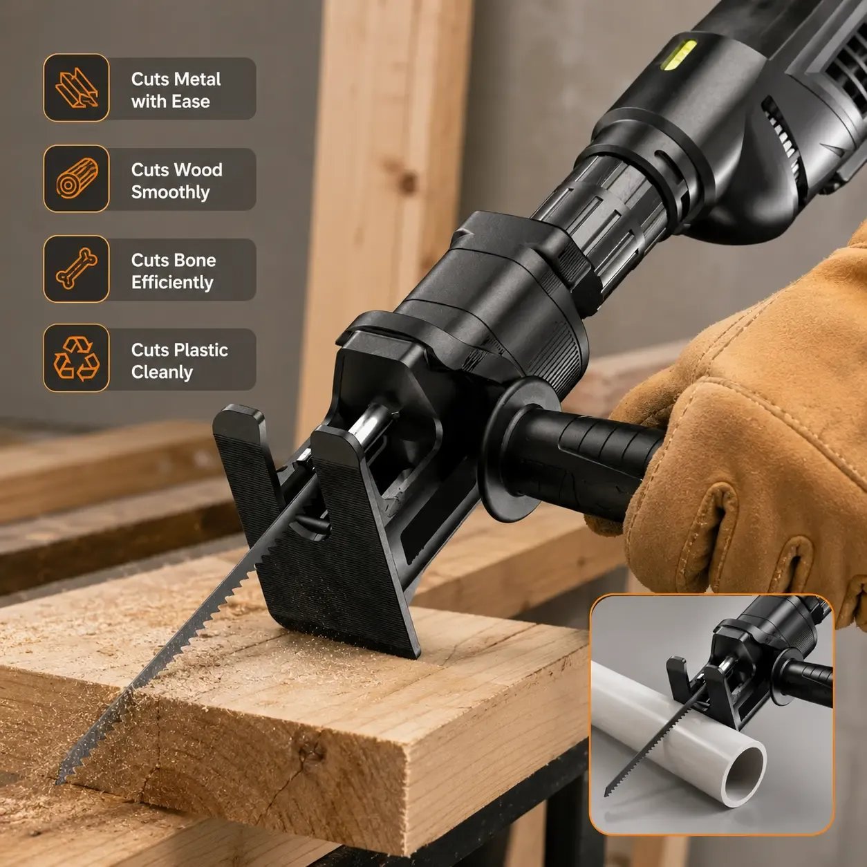 🔧1 Count Reciprocating Saw Attachment for Drill, DIY Tool for Home Renovation, Wood & PVC Cutting Helper