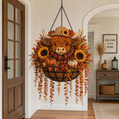 🐮🎃 Highland Cow Fall Hanging Basket with Warm LED Lights – Rustic Autumn Porch Decor & Farmhouse Welcome Accent