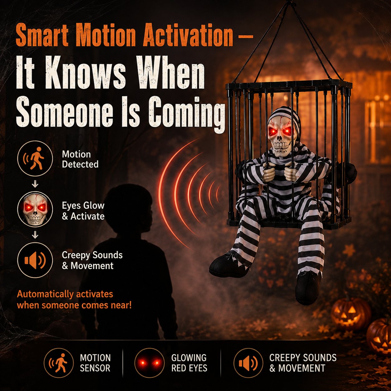 💀 Motion Activated Prisoner Skeleton Halloween Prop – Screaming Jump Scare Decoration With Flashing Red Eyes