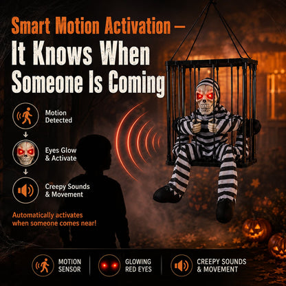 💀 Motion Activated Prisoner Skeleton Halloween Prop – Screaming Jump Scare Decoration With Flashing Red Eyes