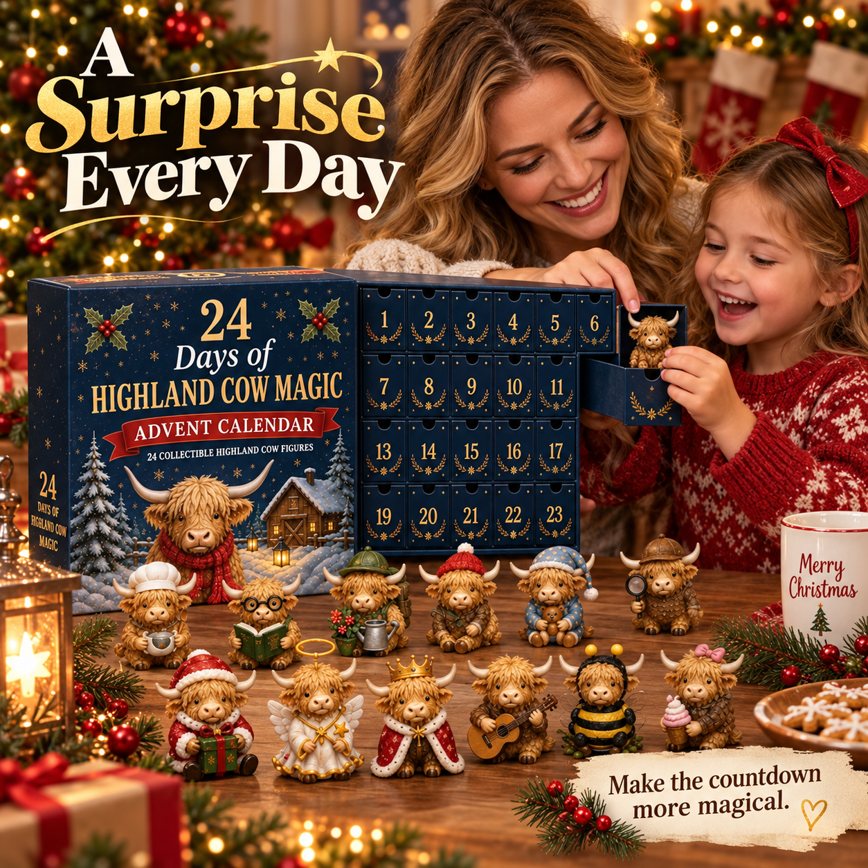🐮 24 Days of Highland Cow Surprises Advent Calendar – Festive Miniature Herd Set 🎄