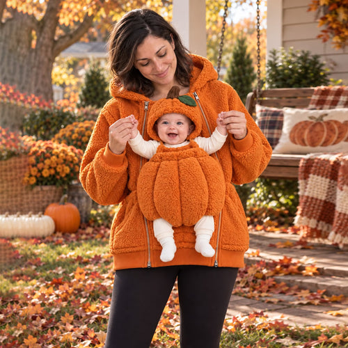 Cozy Pumpkin Baby Carrier Hoodie – Halloween Fleece Kangaroo Sweatshirt for Mom & Baby Autumn Outfits