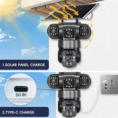 🔥4K Solar Wireless Outdoor Security Camera – Triple Lens Panoramic View, Two-Way Audio, 2.4G WiFi