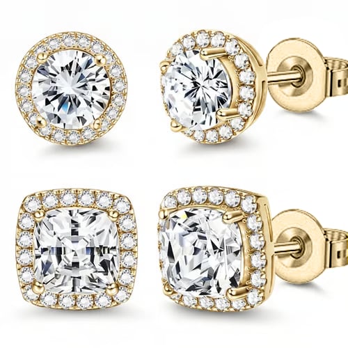 Halo Stud Earrings 4-Pack(Buy 1 get 1 free) - Gold & Silver Round/Square Styles