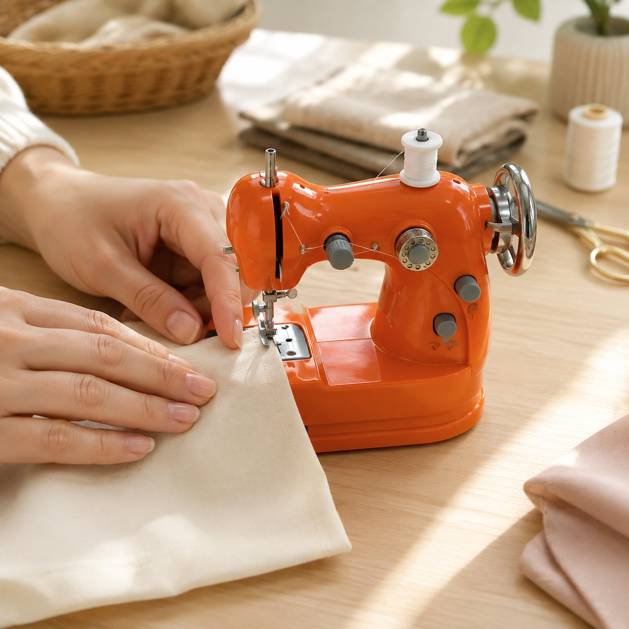 Mini electric sewing machine sewing fabric