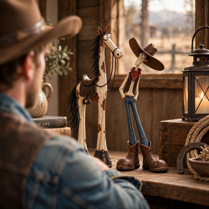 🤠🐴Whimsical Western Cowboy & Horse Figurine Duo