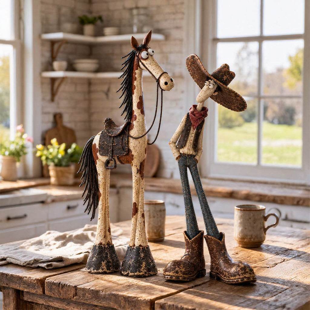 🤠🐴Whimsical Western Cowboy & Horse Figurine Duo