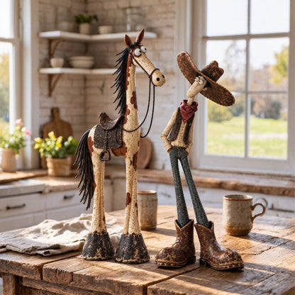 🤠🐴Whimsical Western Cowboy & Horse Figurine Duo