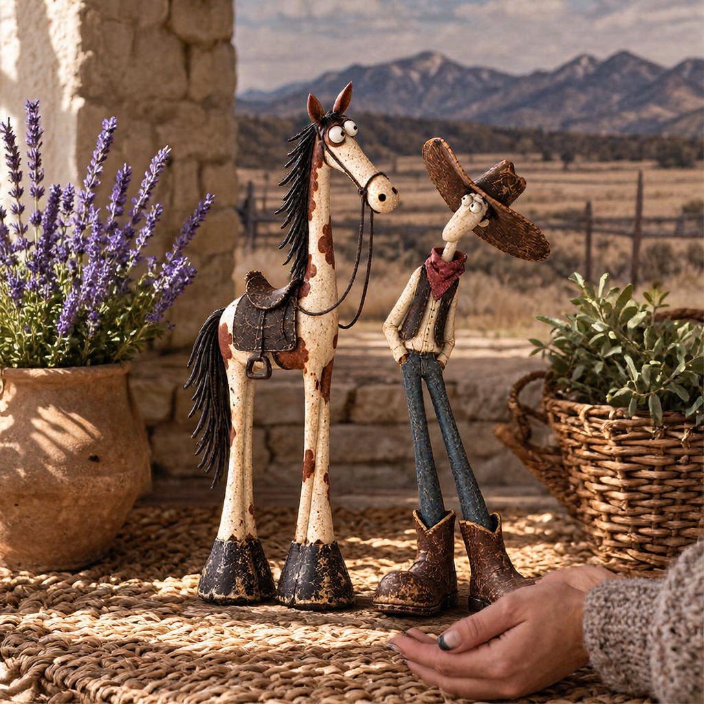 🤠🐴Whimsical Western Cowboy & Horse Figurine Duo